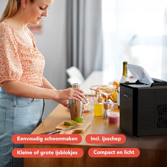 KitchenBrothers IJsblokjesmachine - 1L - Easy Clean + Zelfreinigingsfunctie - IJsblokjesmaker – 12kg/24 uur - Gunmetal RVS