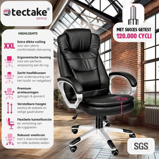 Tectake Luxe Design Bureaustoel - Zwart - Kunstleer - Verstelbaar - 400578