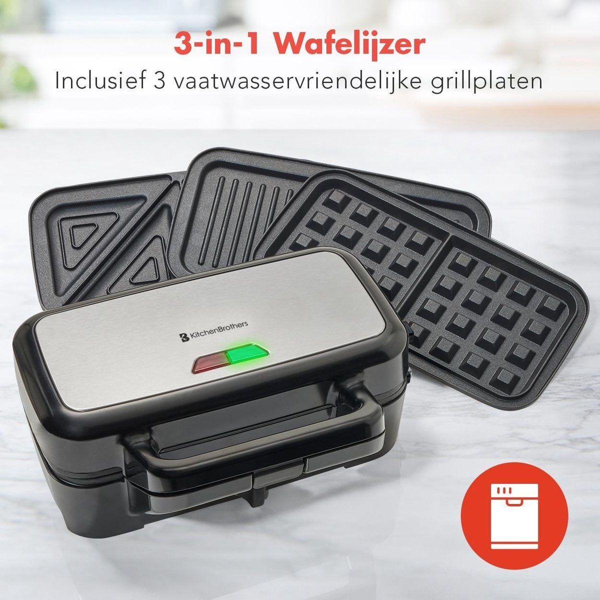 KitchenBrothers 3-in-1 Wafelijzer - Tosti Apparaat - Contact Grill - Verwisselbare Platen - RVS
