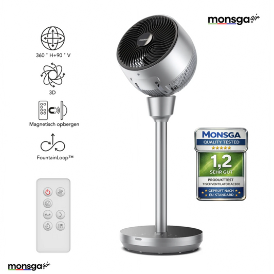 MonsgaAir AC300 Stille Vloerventilator – 76 cm – 120° + 90° 3D-Oscillatie – 5 Snelheden – 25 dB
