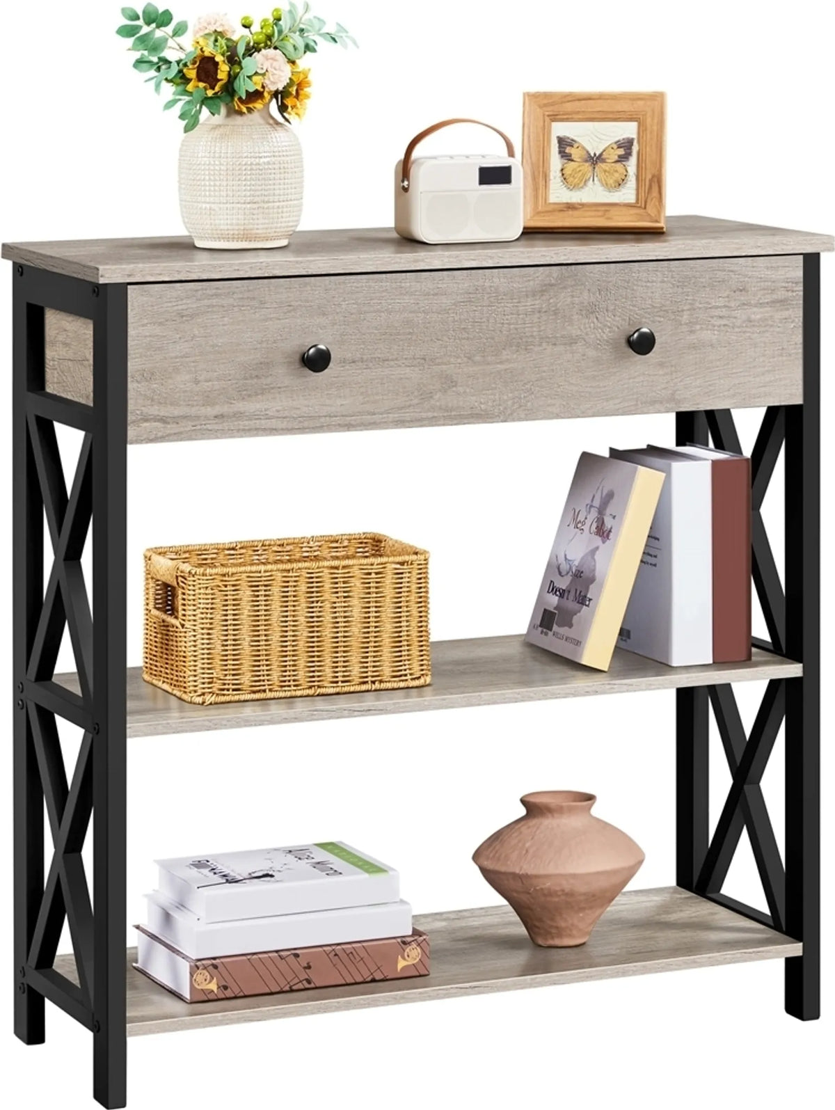 Yaheetech Wandtafel 80x29,5 cm met Schuiflade en 2 Legplanken – Grijs – MDF en Metaal
