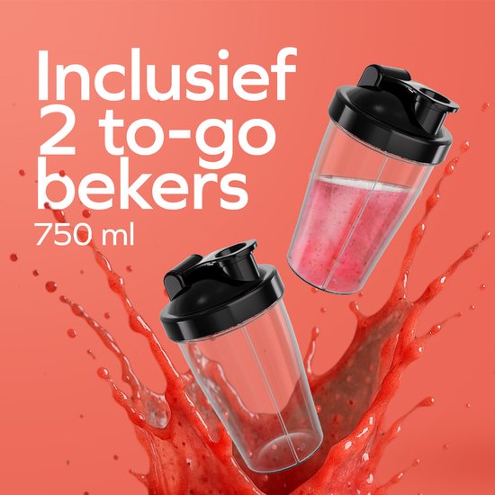 KitchenBrothers Blender - Complete Set - 2x 750ml Kan - Grinder - Stamper - To-Go Bekers - Zwart