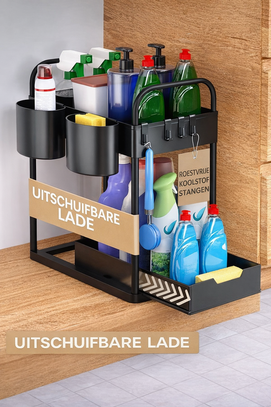 HELDENWERK - Wastafelonderkast Organizer & Keukenorganizer - 2 Stuks - Zwart ABS Kunststof - Uittrekbaar met 2 Niveaus - Voor Keuken & Badkamer - Inclusief Haken & Bakjes - Maximale Opbergruimte