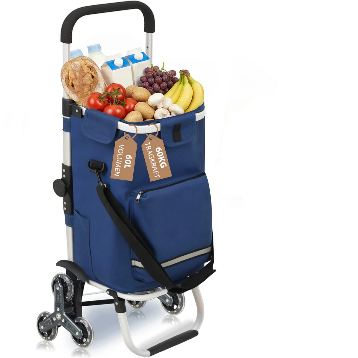 Opvouwbare Boodschappentrolley Traploper 60 L - 3-in-1 met Koelvak en 6 Wielen - Aluminium Frame - Blauw - 36 x 42 x 98 cm