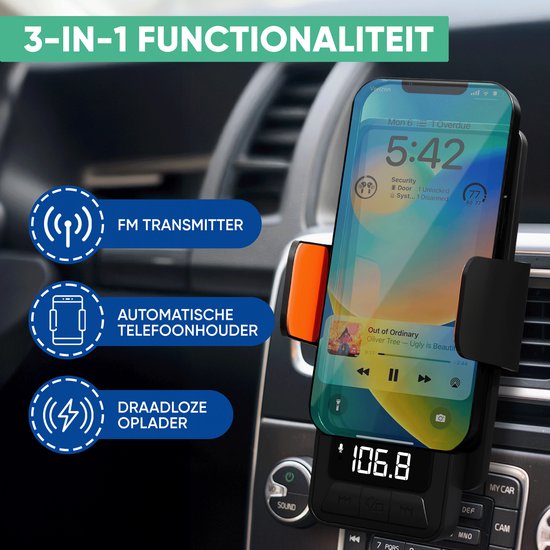 Serve 3in1 Bluetooth FM Transmitter, Telefoonhouder Auto & Draadloze Snellader 15W - Carkit voor Muziek - Telefoonhouders Auto Accessoires - Touchless Autolader - Ventilatie Houder
