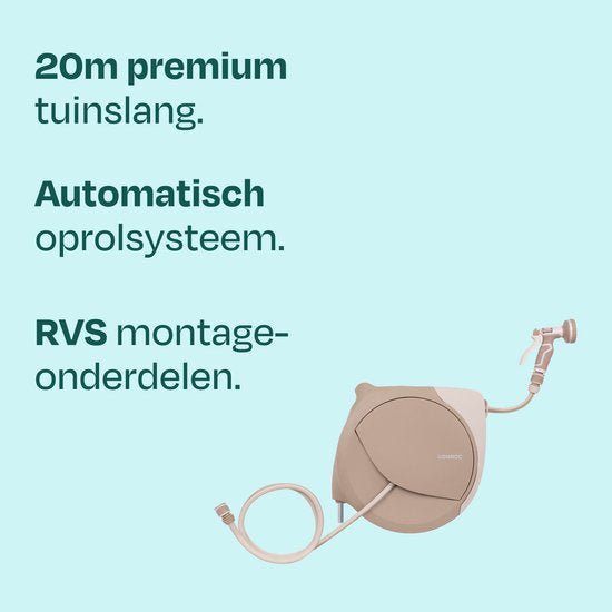 VONROC Automatische slanghaspel – wandslangbox – Incl. 20m premium tuinslang, 8-standen broespistool en koppelingen – beige