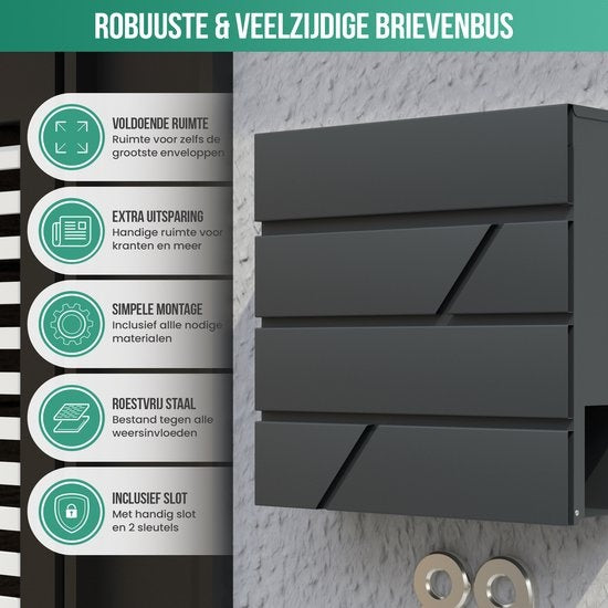 Avalo Brievenbus RVS Antraciet met Krantenvak en Slot - Incl. Montagemateriaal & 2 Sleutels
