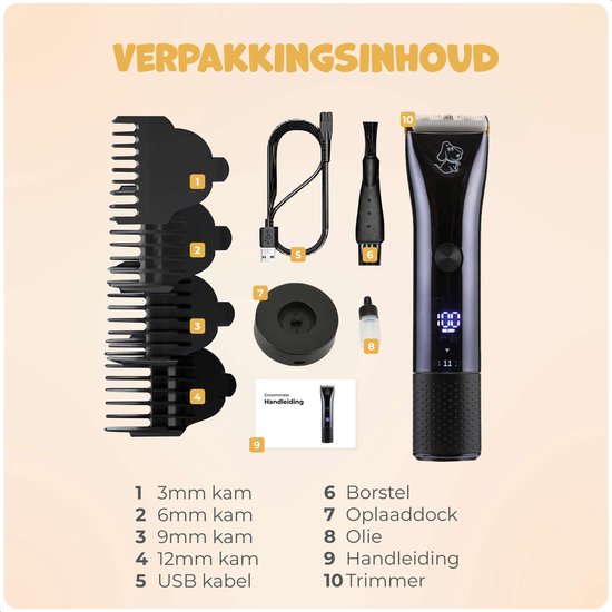 Dutchwide Groommate Draadloze Dierentondeuse - Incl. 4 Opzetstukken - zwart