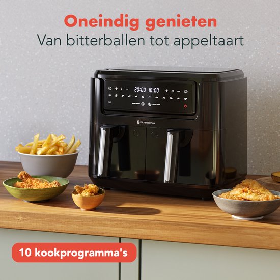 KitchenBrothers Airfryer – Dual Zone & 9 Liter – 2400 W – 36,1 x 40 x 32 cm – Zwart