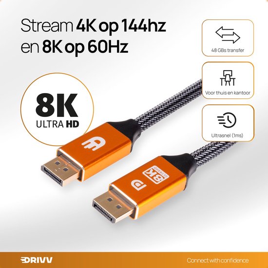 Drivv. Displayport Kabel - 8K 60Hz – 4K 144 Hz - 32.4GBps - Displayport 1.4 - DP Kabel - 1 meter