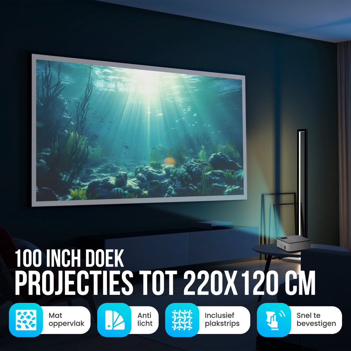 Strex - Beamerscherm - 100 Inch  -160° Kijkhoek - Incl. Bevestigingsmateriaal - 220x120 CM - Grijs
