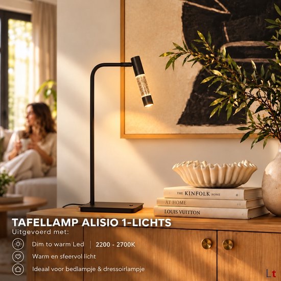 Tafellamp Alisio 4593ZW zwart met handgeblazen glas, dimbaar, 47 cm hoog, Steinhauer design verlichting