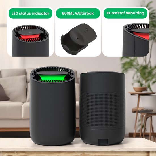 Strex Luchtontvochtiger - Compact en Stil - Mini Luchtontvochter - 600ml/dag - Zwart