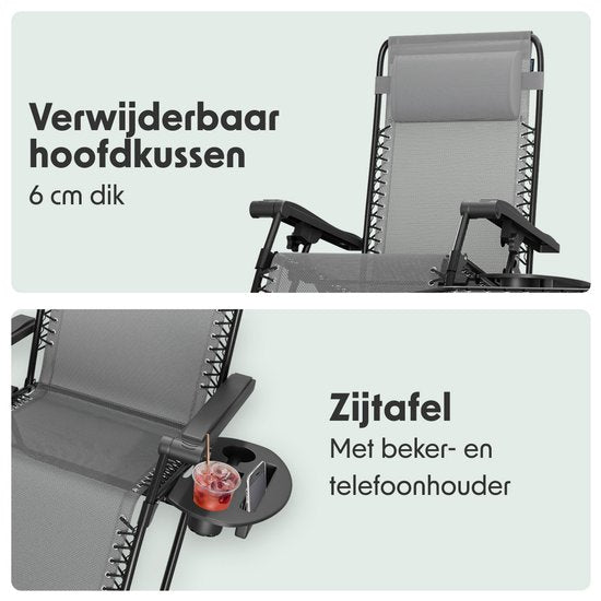 LifeGoods Ligstoelen - Opvouwbaar - Complete set - Met Bijzettafel - 30°-90° Verstelbaar - Tuinstoelen - Metaal - Grijs