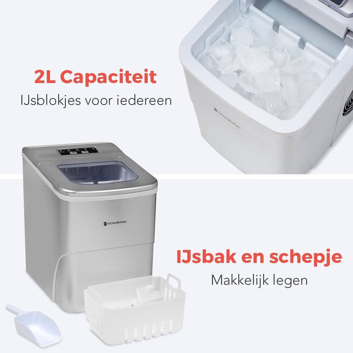 KitchenBrothers - IJsblokjesmachine inclusief ijsschep - 2 Liter - Zilver