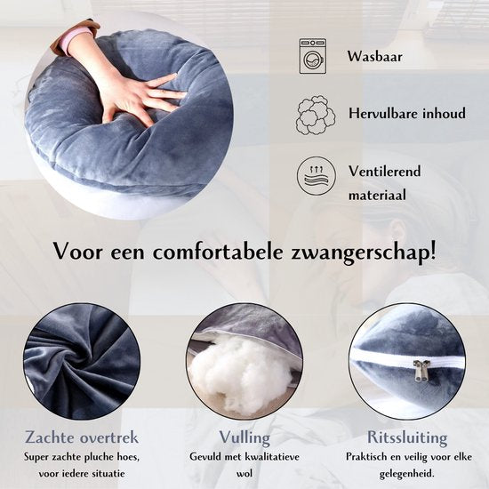 Zwangerschapskussen - XXL U-Vorm - Lichaamskussen - Zijslaapkussen - Pluche Overtrek - Voedingskussen - 280 CM - Ritssluiting - Rheme