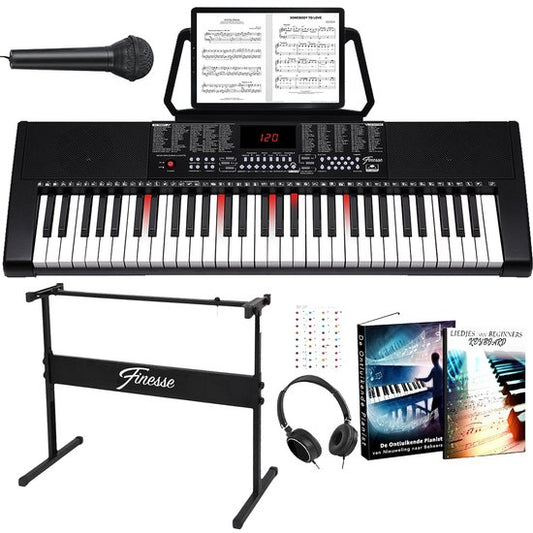 Finesse Keyboard Piano - Verlichting - Statief & Accessoires - 61 Toetsen - Digitale Piano - Elektrische Piano - Kind