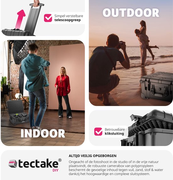 tectake® - Transportkoffer verrijdbaar met telescoopgreep - Fotokoffer - Camerakoffer 45 x 26 x 58 cm - 2 kliksluitingen - Mogelijkheid voor afsluiten met hangslot