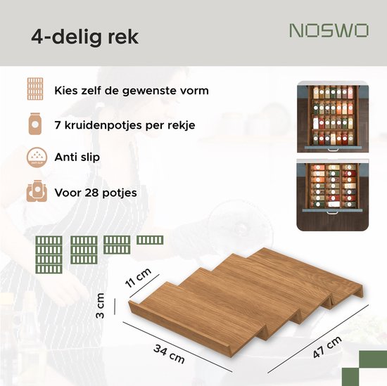 Noswo Kruidenrek Lade met 28 Potjes - Complete Set - Vierkant - Strooideksel en Labels - Kruiden Organizer - Keukenlade Organiser - Acacia