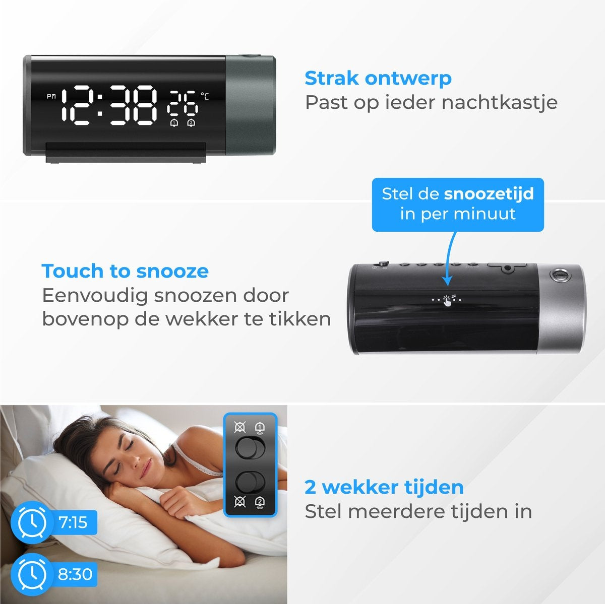 Nuvance Digitale Wekker met Projectie – Dubbel Alarm – Snooze – USB-Oplaadpoort – 15 x 6,8 x 6 cm – Zwart