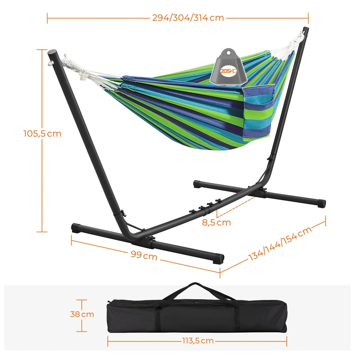 Yaheetech Hangmat met Standaard - Blauw Groen Gestreept - 2-3 Personen, Tot 205 kg