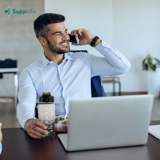 Supplife Motivatie Waterfles - 600 ml Drinkfles - Waterfles met Tijdmarkering - Met Rietje - Volwassenen - Kinderen - Wit Zwart