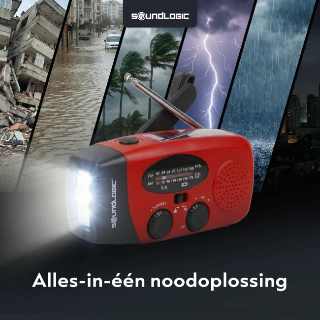 Soundlogic solar opwindbare noodradio - Powerbank 2000 mAh, zaklamp en SOS - Rood - 13 × 4,7 × 6,6 cm