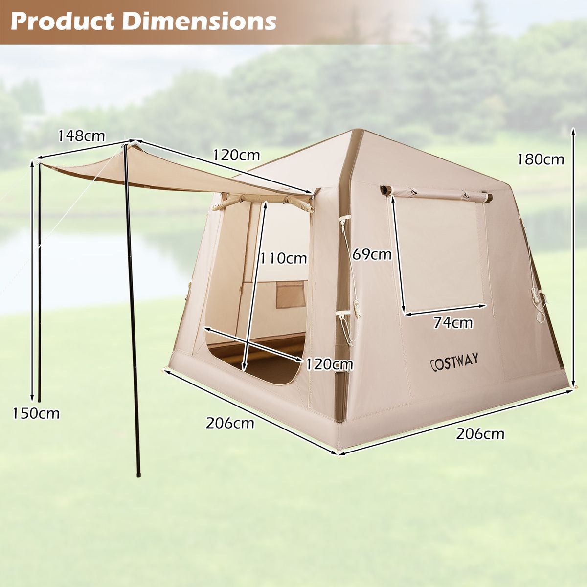 Coast Opblaasbare Campingtent - 2 tot 4 personen - Inclusief pomp en draagtas - Khaki - 210 x 210 x 180 cm