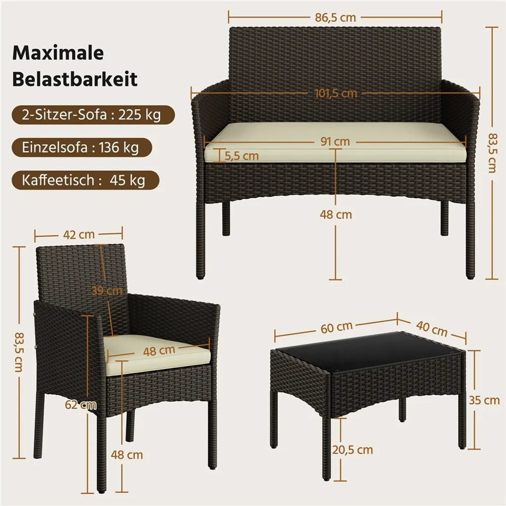Yaheetech Polyrattan Loungeset 4-delig - Bruin/Beige - Tuinset met 2-zitsbank, 2 Stoelen en Tafel