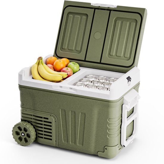 Auronic Elektrische Koelbox - Compressor - 2 Zones - 33L - 12/24V en 240V - Koelen en Vriezen - Camping Koelkast - Frigobox Auto - Met Wielen en Hendel - Groen