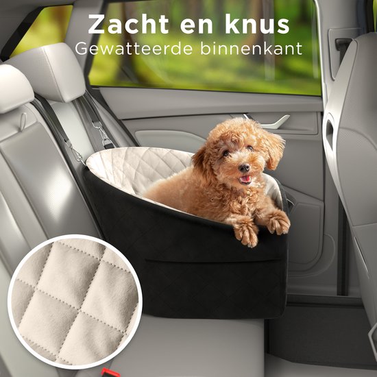 CozySense® Honden Autostoel - Veilige Hondenmand Auto voor Kleine Hond - Voorbank & Achterbank - Met Veiligheidsriem, Opbergvak & Wasbare Hoes - Zwart/Beige