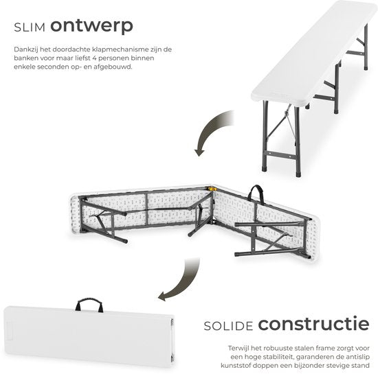 tectake® Set van 2 Inklapbare Bankjes - Tuinbankjes - 8 Personen - Bierbank - Draagbare Banken voor Campingtafel - Biertafel - Picknicktafel - Tuintafel - 500kg Draagkracht per Bank - Wit