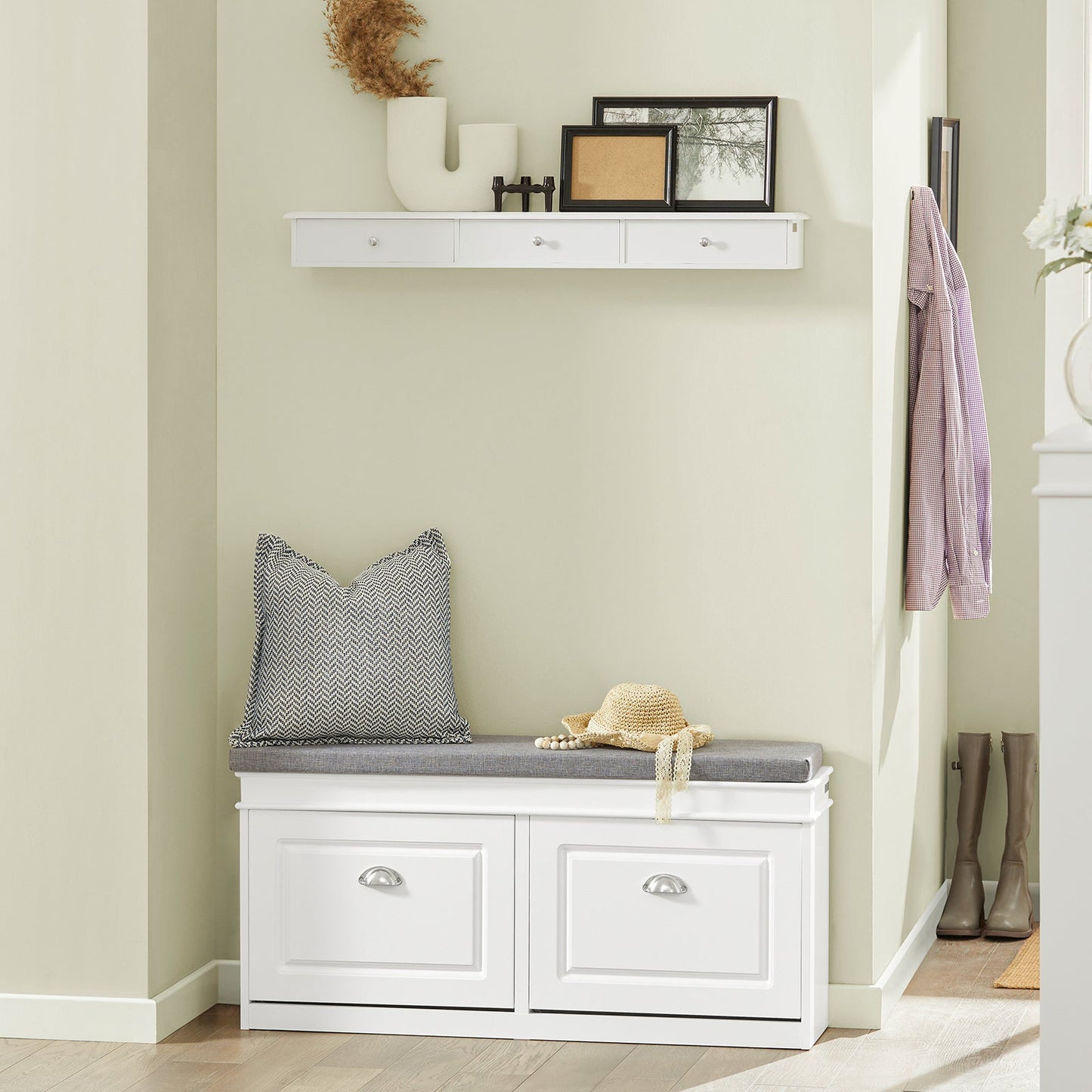 SoBuy Schoenenkast met Zitkussen en Kleppen – Smalle Schoenenbank voor de Hal – Wit – 104 x 24 x 51 cm