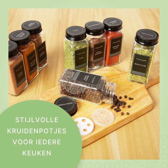 S.old - 36 Glazen Kruidenpotjes vierkant met Deksel Zwart - Kruidenstrooier - Complete set met Strooideksels, Voorbedrukte Stickers en Trechter - Inhoud 120 ml - 10,5 x 4,3 cm
