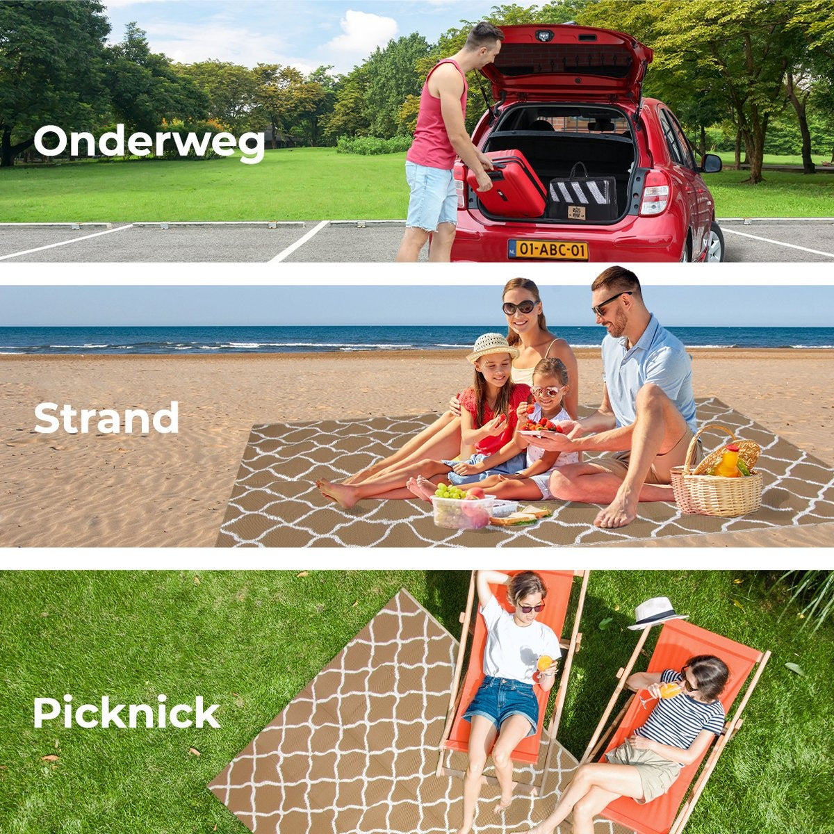 LifeGoods Buitenkleed - 120x180CM - Vloerkleed - Tuintapijt - Omkeerbaar - Incl. Draagtas - Met Patroon - Beige/Wit
