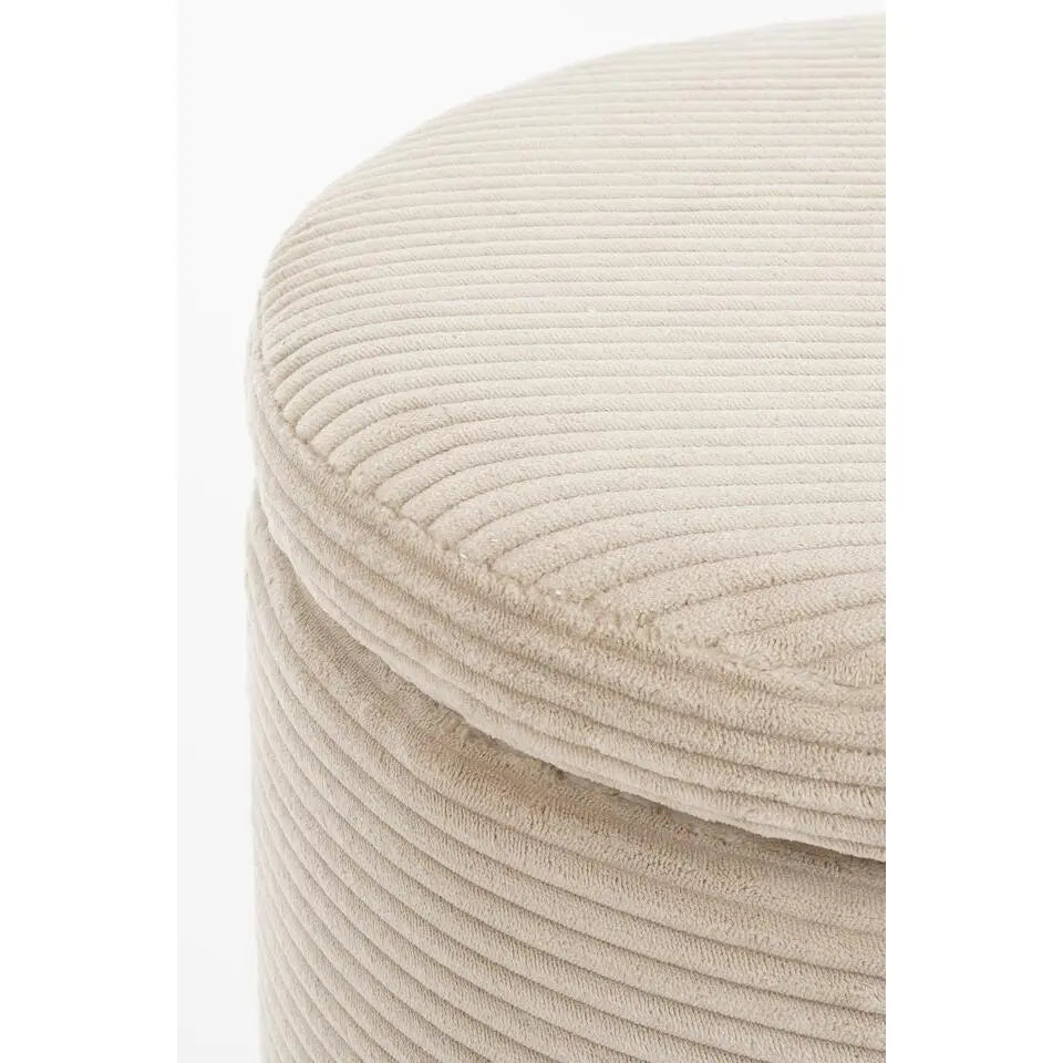 Mica Decorations Ronde Opbergpoef met Deksel - Ø 42 x 40,5 cm - Polyester met Houten Frame - Off-white