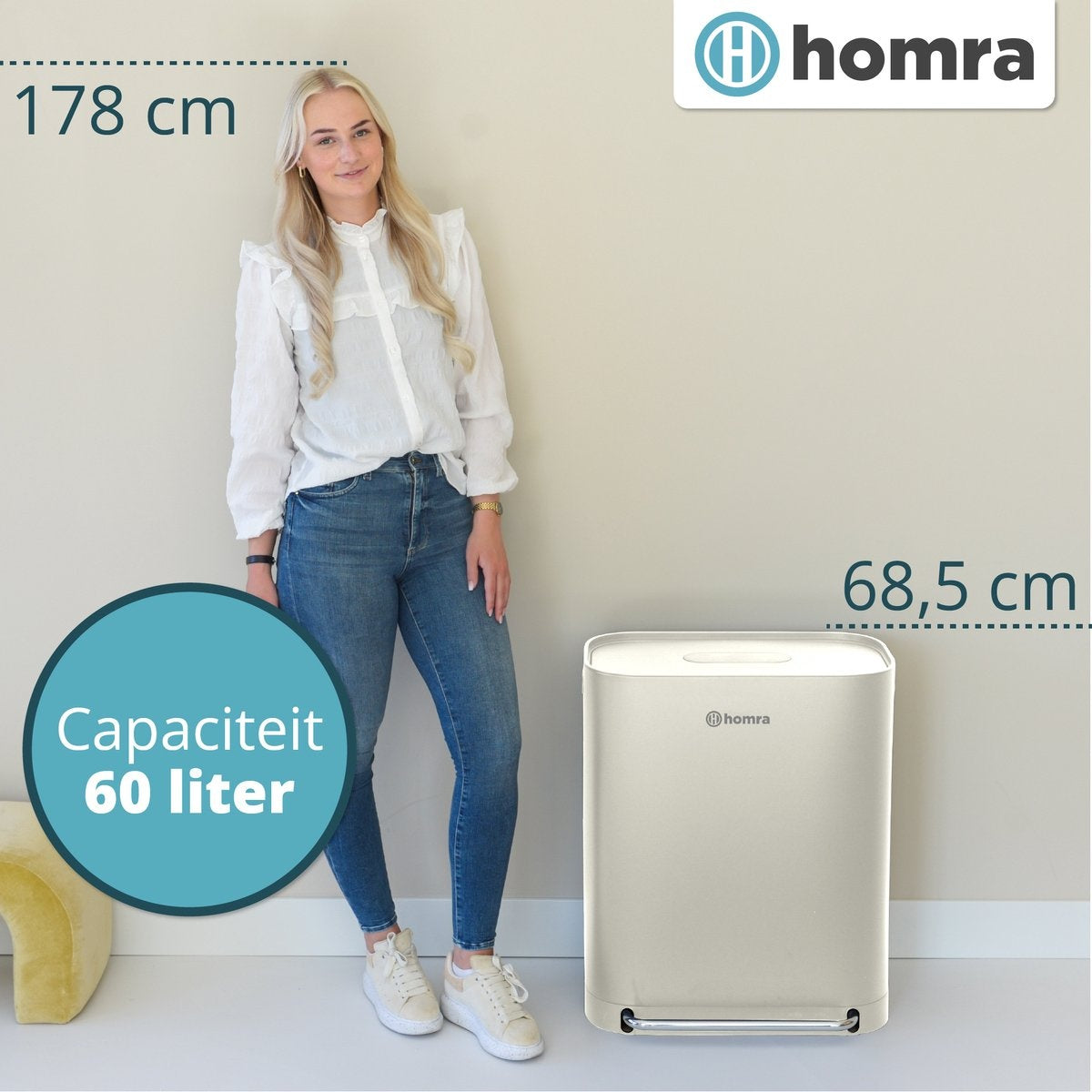 Homra Rockx Prullenbak 60 Liter - Duo Pedaalemmer 2X30L met Geurfilter - RVS - Wit Creme - 33X58X69CM