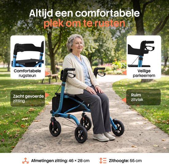 Brixy Rollator - Lichtgewicht & Opvouwbaar - 360° Rubberen Wielen - Zitfunctie - Binnen & Buiten - Rugleuning, Tas & Wandelstokhouder - Blauw