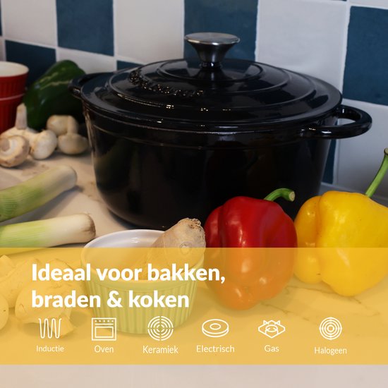 Chefarone Gietijzeren Pan 3.5L - PFAS vrij - Braadpan Inclusief Deksel - Geschikt Voor Alle Warmtebronnen - Geëmailleerd Zwart