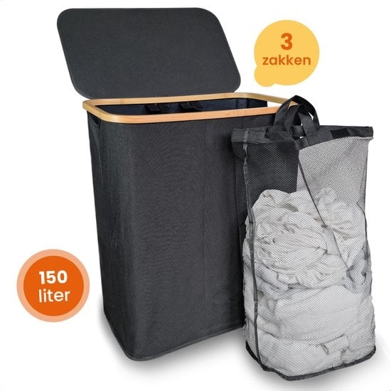 Goliving Wassorteerder 3 Vakken - 150L - Opvouwbare Wasmand Met Deksel - 3 Uitneembare Zakken Met Kleurlabels - 57 x 37 x 66 cm - Zwart