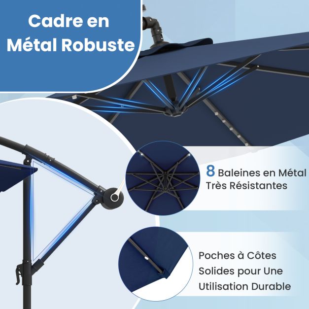 5-delige Tuinset met 3 m Zweefparasol en LED Verlichting - Blauw/Grijs