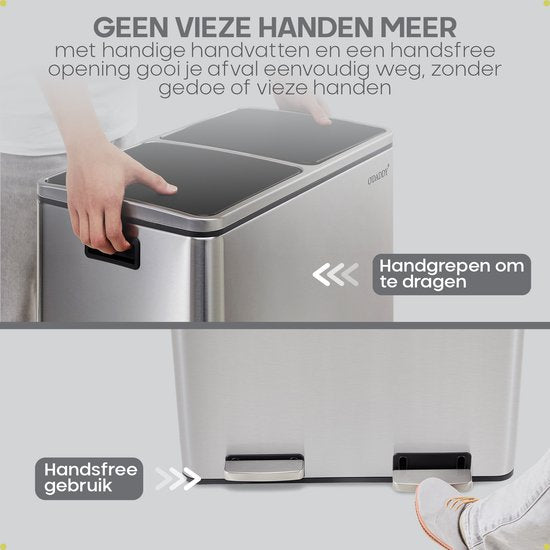 O'DADDY® Prullenbak - Afvalemmer – Duo Bin – 60 Liter – Soft-close – 58,6 x 32 x 65 cm – 2 Binnenemmers / Vakken - Afvalbak - Pedaalemmer 60L - Prullenmand - Vuilnisbak - Afvalscheiding Vuilbak – Inclusief 15 Afvalzakken – Elegant Zilver