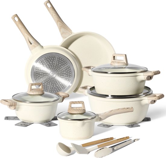 Just Perfecto 15 Delige Pannenset Inductie - Beige Pannenset Met Deksel Voor Gas en Inductie - PFAS vrij - Koudgrepen