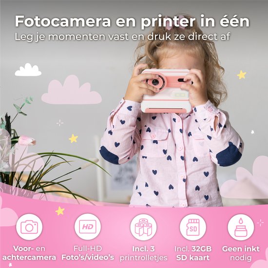 Nuvance - Kindercamera - Speelgoed Camera Kinderen - Incl. 32 GB SD Kaart - Foto & Video - Foto Printer - Digitale Kinder Camera - Fototoestel voor Kinderen - Kindercamera's - Roze