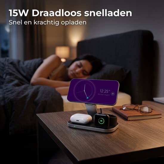 Nuvance Draadloze Oplader - 3 in 1 - 15W - Oplaadstation - Snellader - Wireless Charger - Geschikt voor Apple Smartwatch & Oortjes