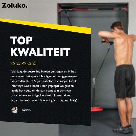 Zoluko Home Fitness Kabelsysteem 23-delige set - Incl. E-book - Krachtstation voor Thuis Sporten - Incl. Triceps Touw, Biceps Stang en Handgrepen - 100kg Draagkracht - Eenvoudige Bevestiging - Krachttraining - Lat Pulley - Home Gym - Zwart/Zilver