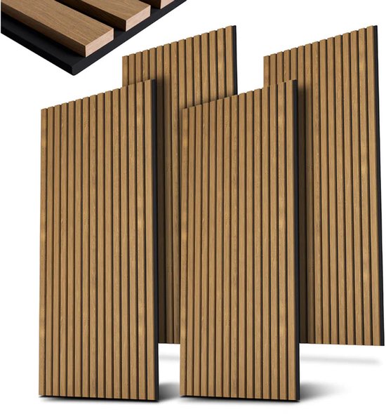 Akoestische Wandpanelen – Set van 4 – Geluidsabsorberend MDF & PET Schuim – Naturel Donker – 120 x 60 x 1,8 cm