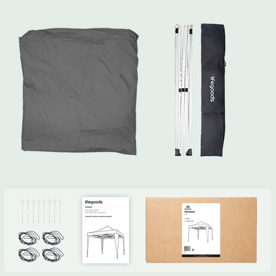 LifeGoods Partytent Plus - Opvouwbare tent - Paviljoen - 3x3 m - Easy Up - Versterkt Frame - Waterdicht – Draagtas - Grijs