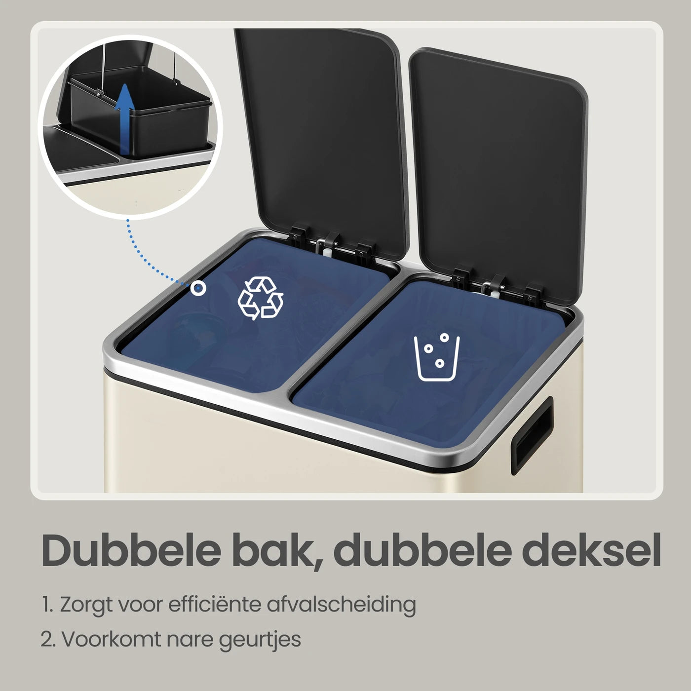 Joyfurnos Dubbele Pedaalemmer - Beige & Zwart - 2 x 15 Liter - Softclose Deksel - Staal - 41,8 x 35,9 x 44,5 cm