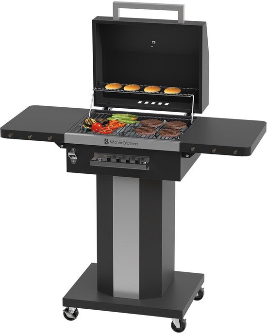KitchenBrothers Houtskool Barbecue Grill – Met Deksel, Warmhoudrek & Wielen – 81 x 48 x 94 cm – Zwart